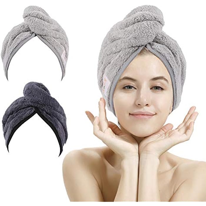 2 Pack Hair Drying Towel, Hair Towel, Super Absorbent Microfiber Turban with Button Design for Drying Hair Quickly (Dark Grey & Light Gray) - Image 1